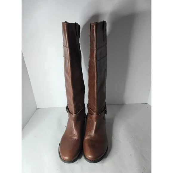 Marc Fisher Womens Tall Riding Boots Sz 7M Brown Leather Flat Buckle Equestrian