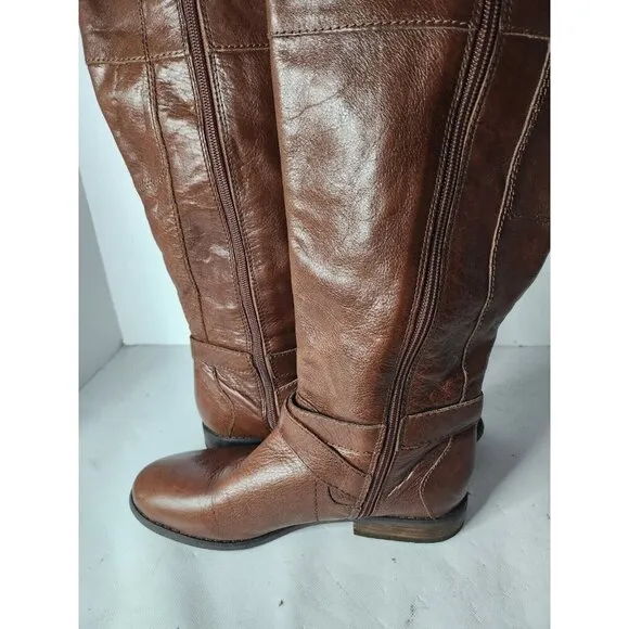 Marc Fisher Womens Tall Riding Boots Sz 7M Brown Leather Flat Buckle Equestrian