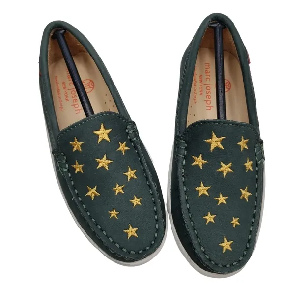Marc Joseph | NIB Holland Emerald Green Gold Star Leather Chic Loafers Girl 11.5