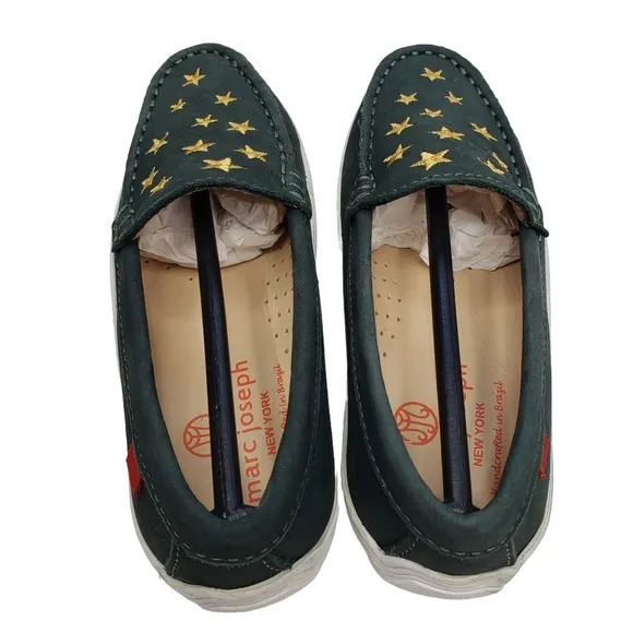 Marc Joseph | NIB Holland Emerald Green Gold Star Leather Chic Loafers Girl 11.5