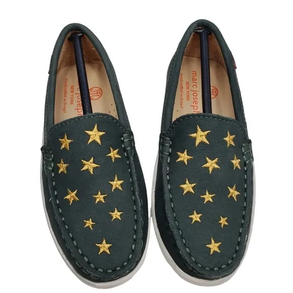 Marc Joseph | NIB Holland Emerald Green Gold Star Leather Chic Loafers Girl 11.5