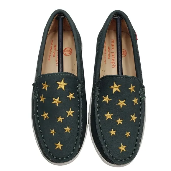 Marc Joseph | NIB Holland Emerald Green Gold Star Leather Chic Loafers Girl 11.5