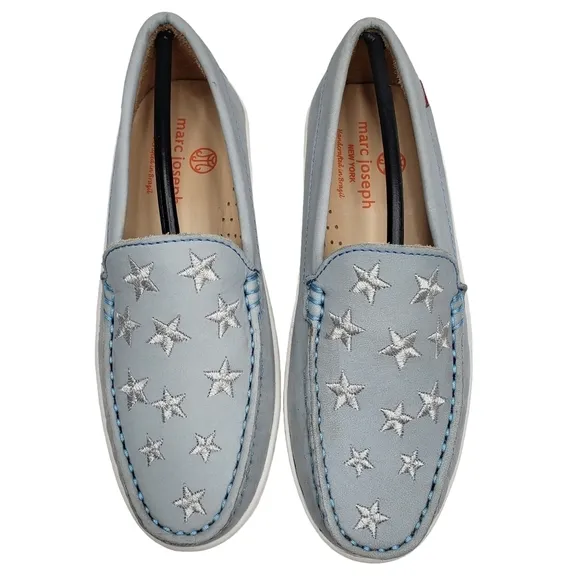 Marc Joseph | NIB Holland Light Grey Nobuck Silver Star Leather Loafers Girl 1.5