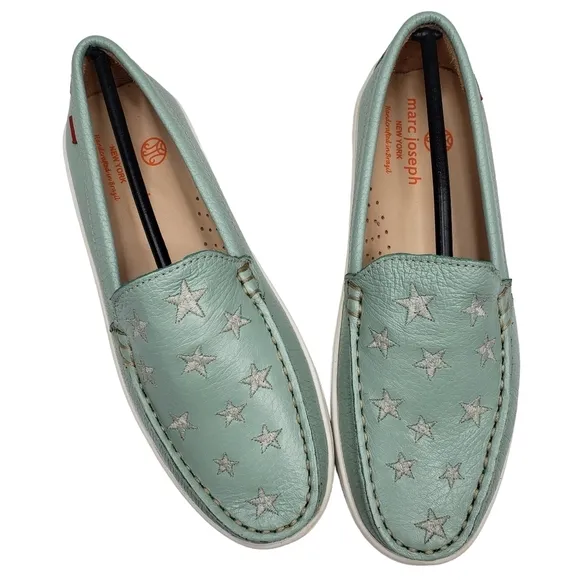 Marc Joseph | NIB Holland Powder Green Grainy Silver Star Leather Loafers 2.5