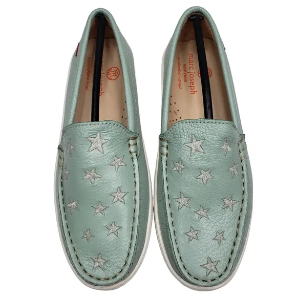 Marc Joseph | NIB Holland Powder Green Grainy Silver Star Leather Loafers 2.5