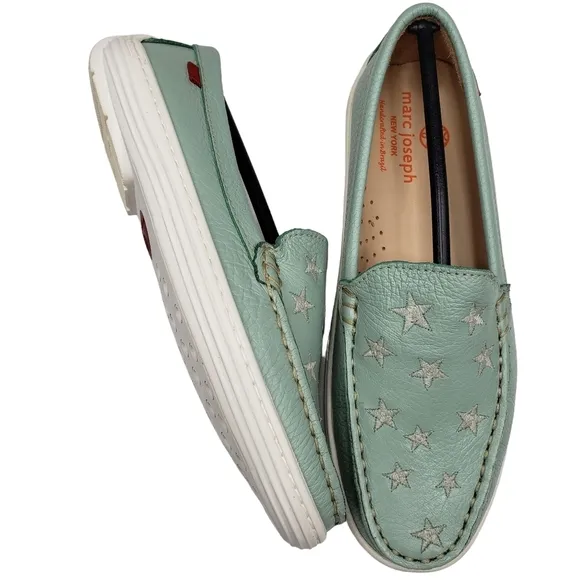 Marc Joseph | NIB Holland Powder Green Grainy Silver Star Leather Loafers 2.5