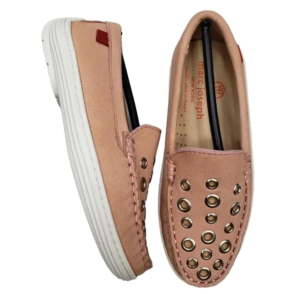 Marc Joseph | NIB Mott St Blush Nobuck Silver Grommet Leather Loafers Girls 11.5