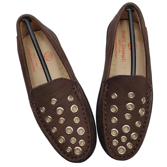 Marc Joseph | NIB Mott St Brown Nobuck Silver Grommet Leather Loafers Girl's 12