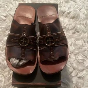 Mark Nason Brown Leather Sandals with Metal Detail