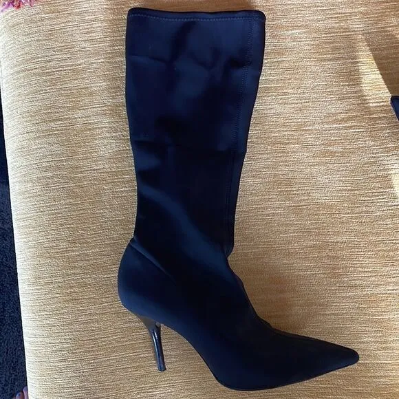 Martinez Valero black stretch fabric black leather sole heeled boots. Size 7 1/2