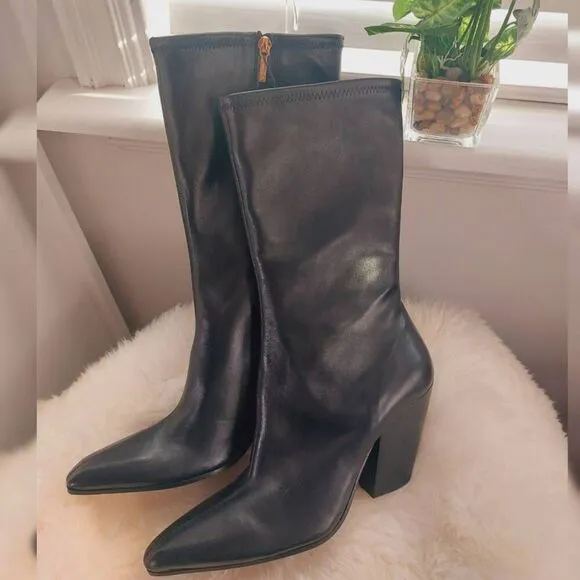 Massimo Dutti Black Leather Boots NWT Size 11 Pointed Toe Block Heel