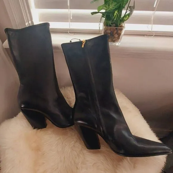 Massimo Dutti Black Leather Boots NWT Size 11 Pointed Toe Block Heel