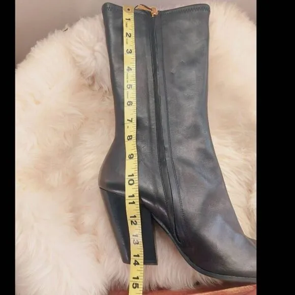 Massimo Dutti Black Leather Boots NWT Size 11 Pointed Toe Block Heel