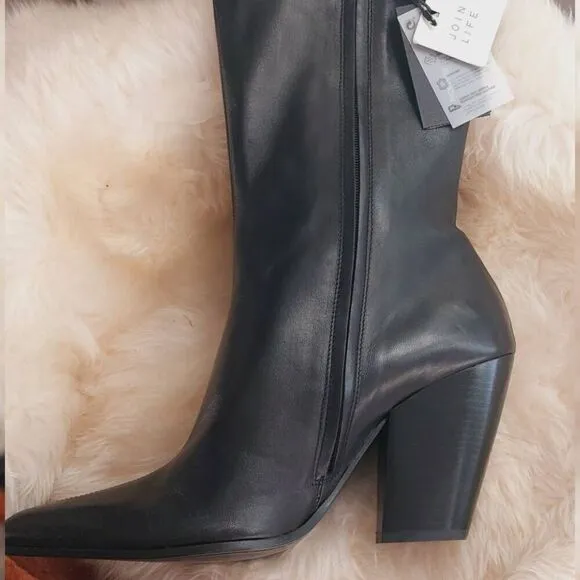 Massimo Dutti Black Leather Boots NWT Size 11 Pointed Toe Block Heel