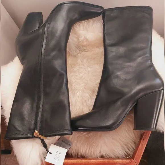 Massimo Dutti Black Leather Boots NWT Size 11 Pointed Toe Block Heel