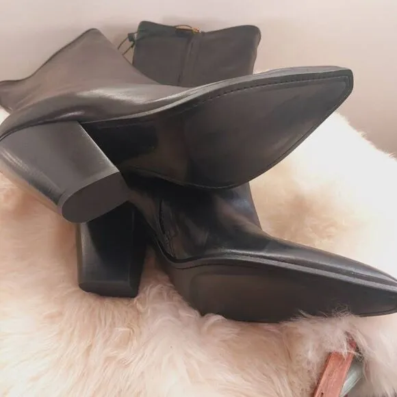 Massimo Dutti Black Leather Boots NWT Size 11 Pointed Toe Block Heel