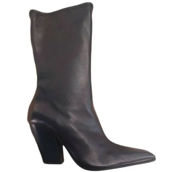 Massimo Dutti Black Leather Boots NWT Size 11 Pointed Toe Block Heel