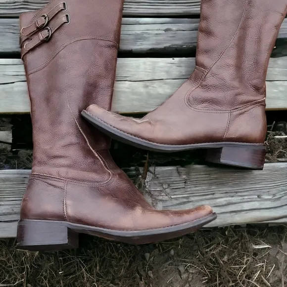 Matisse Trooper Brown Leather Tall Riding Boots 9 Moto Buckles Boho Lived In