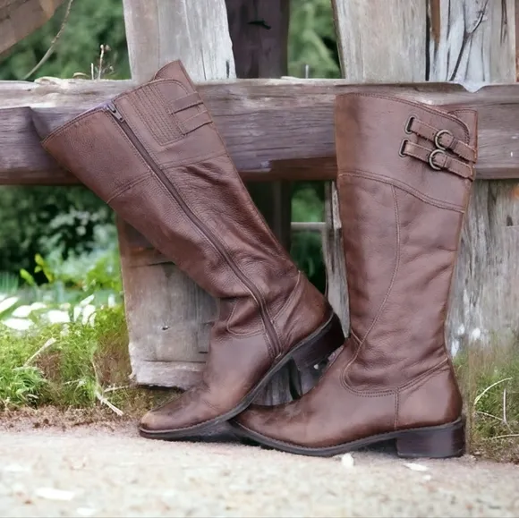 Matisse Trooper Brown Leather Tall Riding Boots 9 Moto Buckles Boho Lived In
