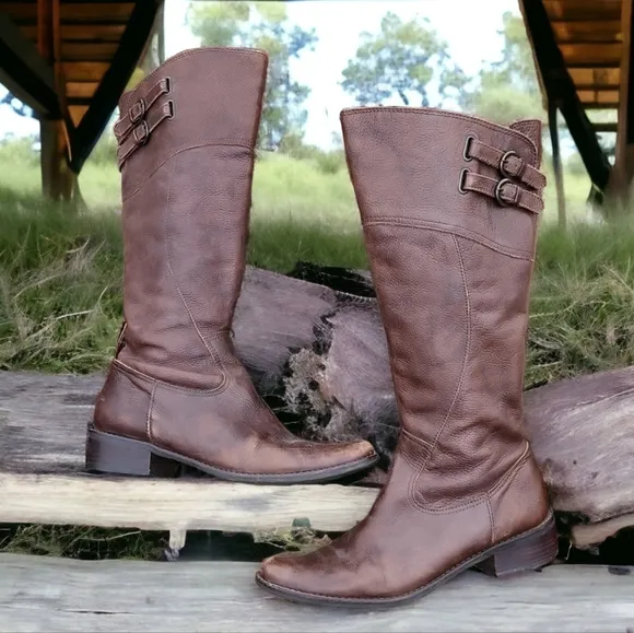 Matisse Trooper Brown Leather Tall Riding Boots 9 Moto Buckles Boho Lived In
