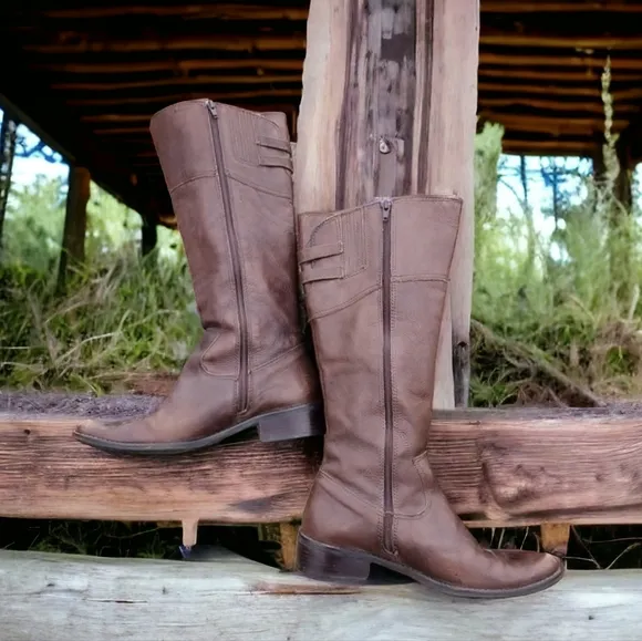 Matisse Trooper Brown Leather Tall Riding Boots 9 Moto Buckles Boho Lived In