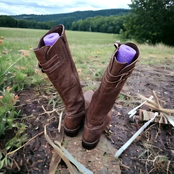 Matisse Trooper Brown Leather Tall Riding Boots 9 Moto Buckles Boho Lived In