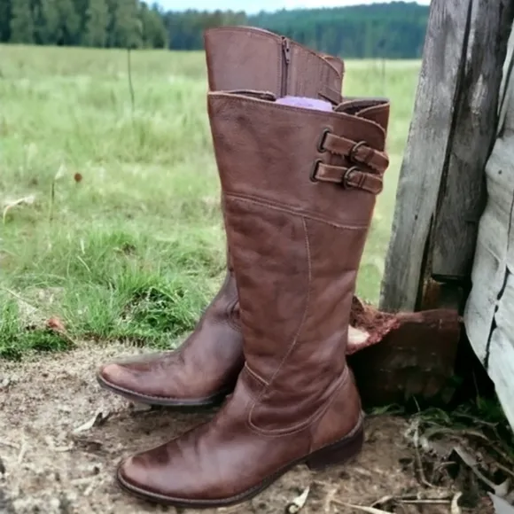 Matisse Trooper Brown Leather Tall Riding Boots 9 Moto Buckles Boho Lived In