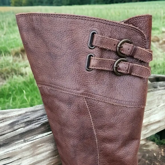 Matisse Trooper Brown Leather Tall Riding Boots 9 Moto Buckles Boho Lived In