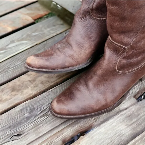 Matisse Trooper Brown Leather Tall Riding Boots 9 Moto Buckles Boho Lived In