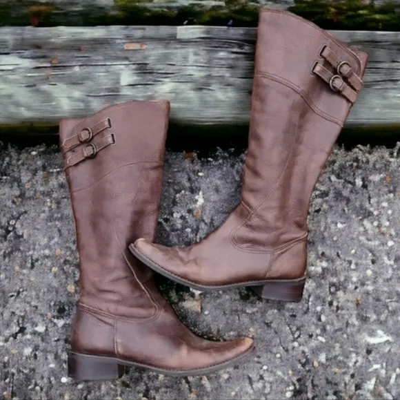Matisse Trooper Brown Leather Tall Riding Boots 9 Moto Buckles Boho Lived In