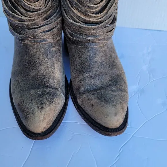 Matisse Western Boots Womens Size 8B Gray Distressed Layered Fringe Calf High