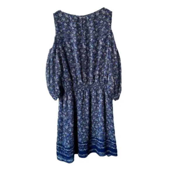Max Studio Blue Floral Chiffon Cold Shoulder Smocked Mini Dress S