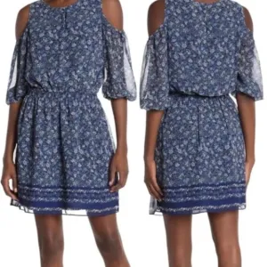 Max Studio Blue Floral Chiffon Cold Shoulder Smocked Mini Dress S