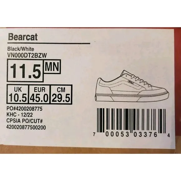 Men Size 11.5 VANS Bearcat Black White Skate Rare Skateboarding Rare