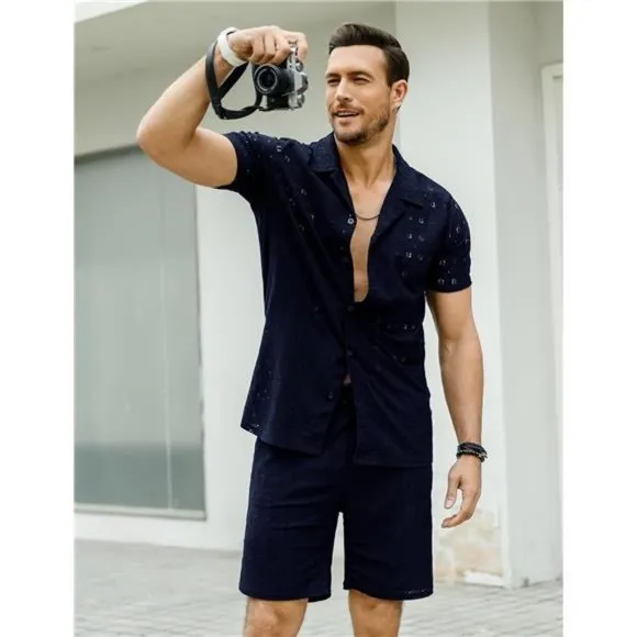 Men's 2 Pieces Outfit Summer Beach Set Short Sleeve Lace Shirt and Short Set