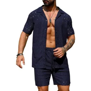 Men's 2 Pieces Outfit Summer Beach Set Short Sleeve Lace Shirt and Short Set
