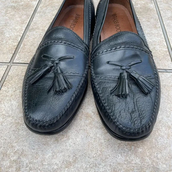 Mens Brass Boot Black Leather Slip-On Tassel Loafers 11 Hand Made