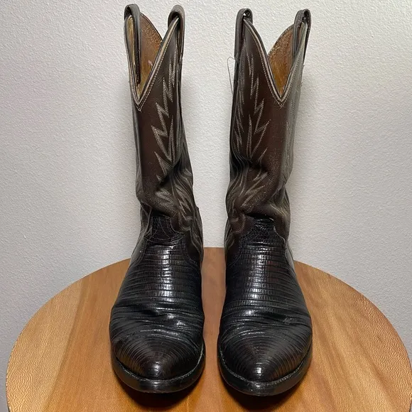 Mens Nocona Cowboy Leather &amp; Reptile Boots Riding Heel Pointy Toe Size 10D Texas