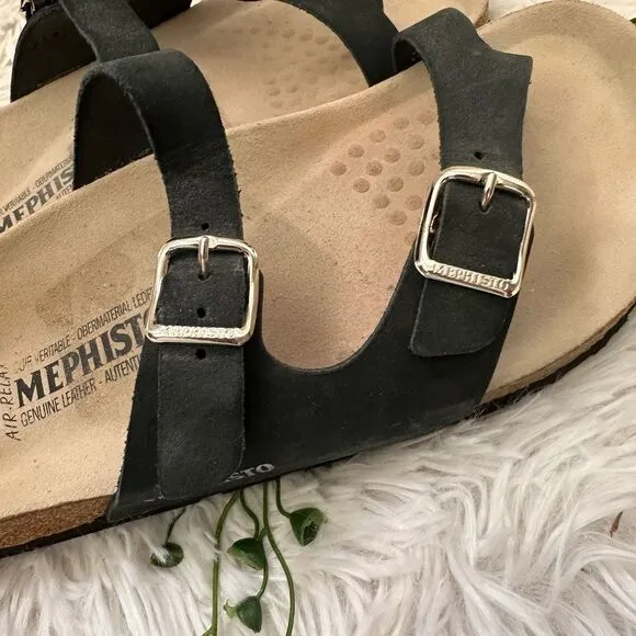 Mephisto open Toe Strappy Buckle Slide Cork Sandals Black Suede sz 36 /US 6 NEW