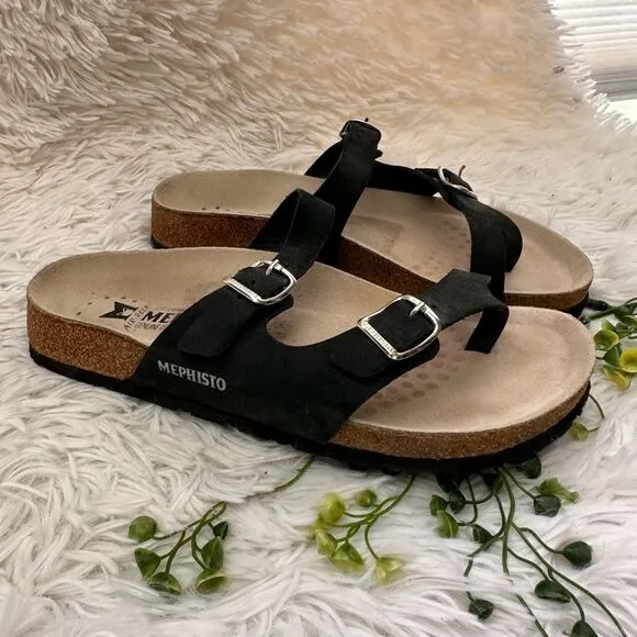 Mephisto open Toe Strappy Buckle Slide Cork Sandals Black Suede sz 36 /US 6 NEW