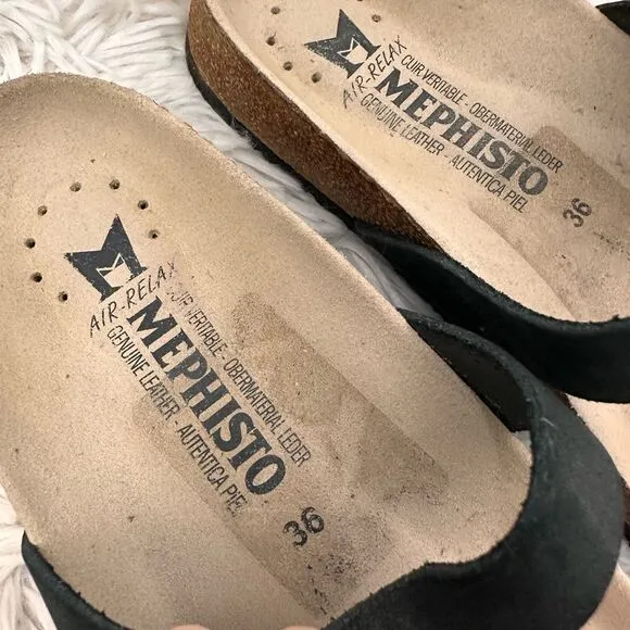 Mephisto open Toe Strappy Buckle Slide Cork Sandals Black Suede sz 36 /US 6 NEW