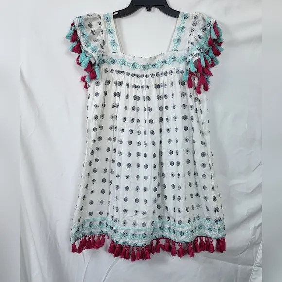 Mer St. Barth Womens White Pink Navy Sandrine Embroidered Tassel Mini Dress M
