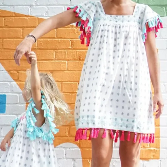 Mer St. Barth Womens White Pink Navy Sandrine Embroidered Tassel Mini Dress M