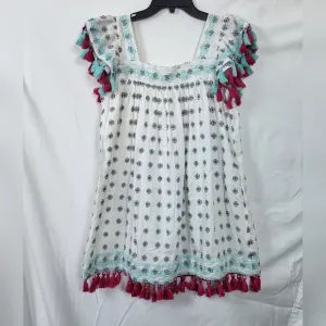Mer St. Barth Womens White Pink Navy Sandrine Embroidered Tassel Mini Dress M
