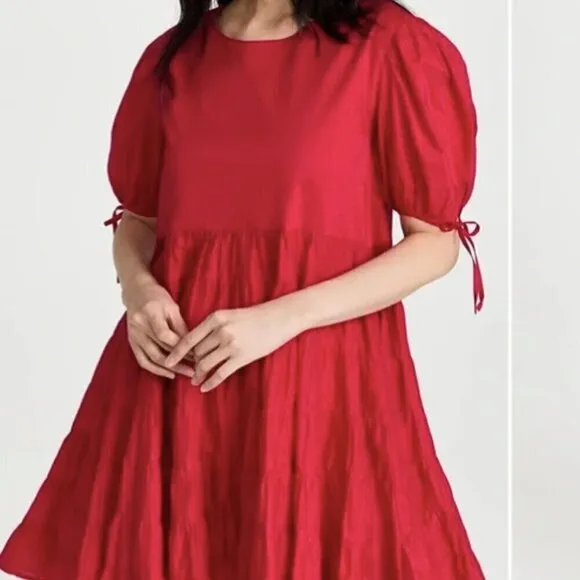 Merlette Sering Tiered Cotton Puff Sleeve Lawn Dress Berry Red