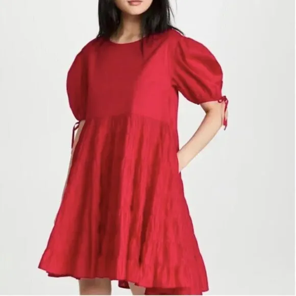 Merlette Sering Tiered Cotton Puff Sleeve Lawn Dress Berry Red
