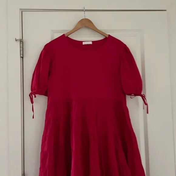 Merlette Sering Tiered Cotton Puff Sleeve Lawn Dress Berry Red