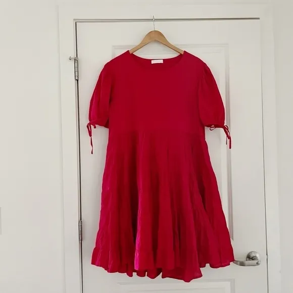 Merlette Sering Tiered Cotton Puff Sleeve Lawn Dress Berry Red