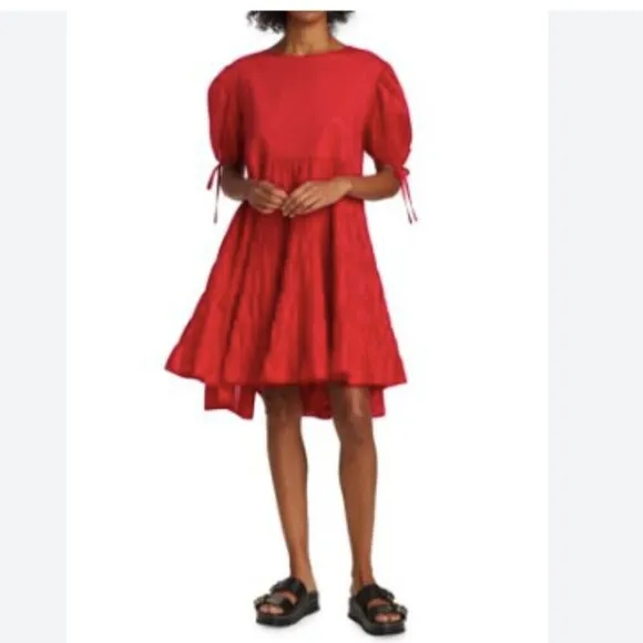 Merlette Sering Tiered Cotton Puff Sleeve Lawn Dress Berry Red