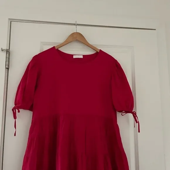 Merlette Sering Tiered Cotton Puff Sleeve Lawn Dress Berry Red